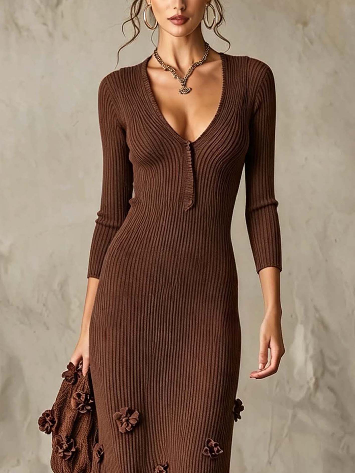 Chocolate Brown Ribbed Knit Maxi Dress With 3D Floral Appliques And Ruffle Hem