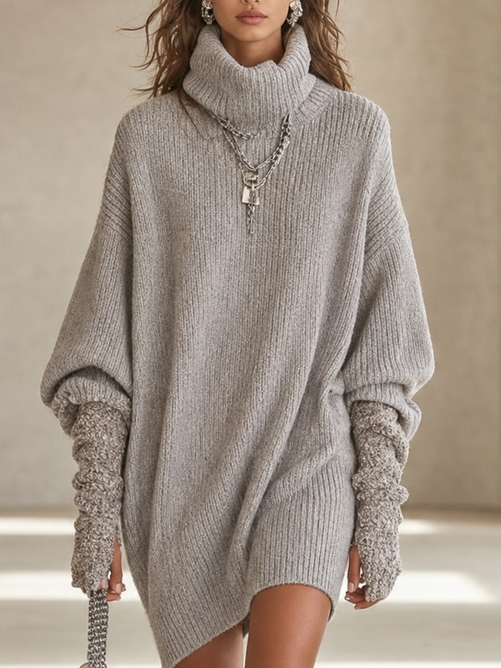 Light Gray Turtleneck Knit Sweater Dress