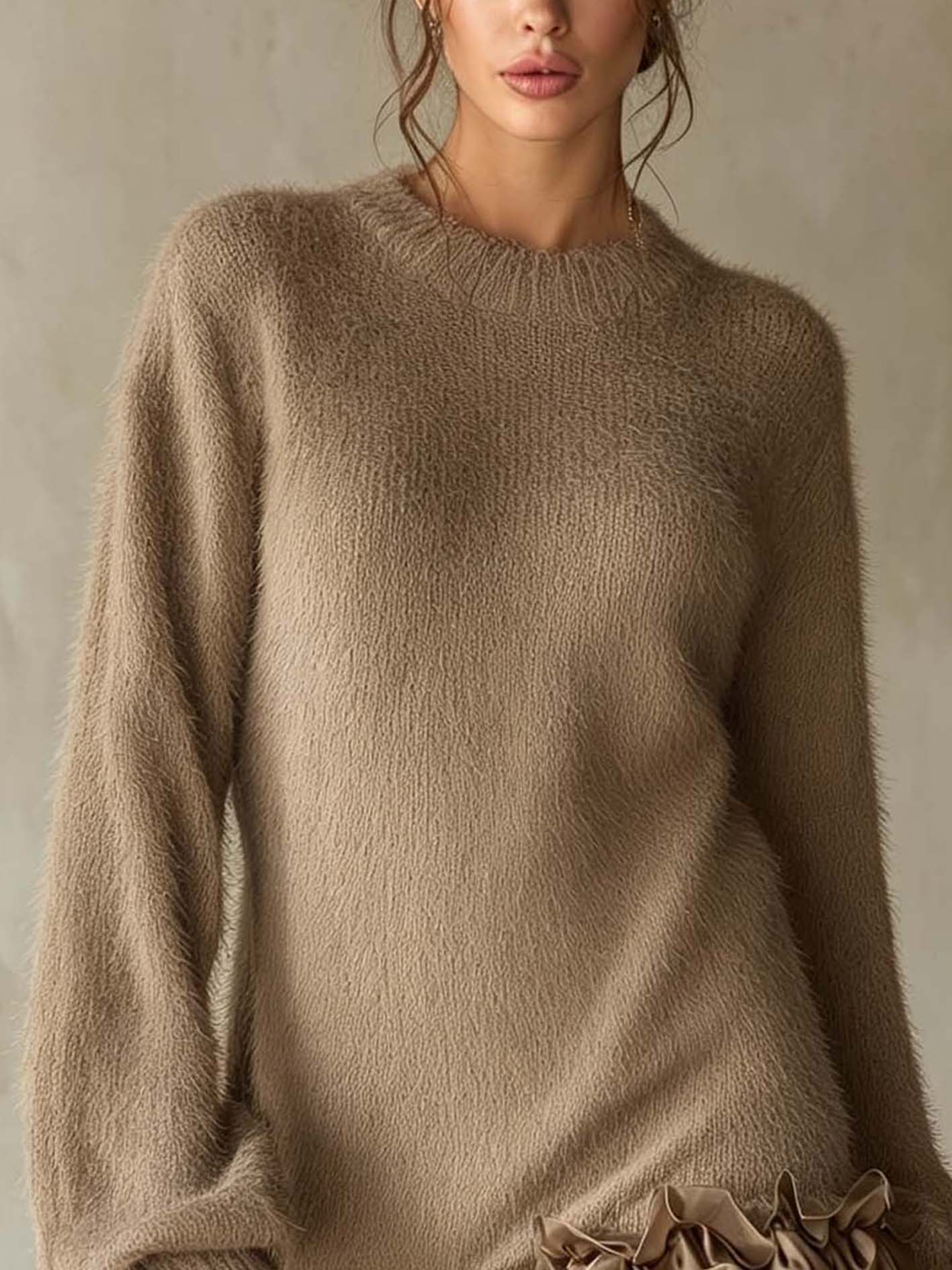 Taupe Fuzzy Knit Mini Dress With Satin Ruffle Hem