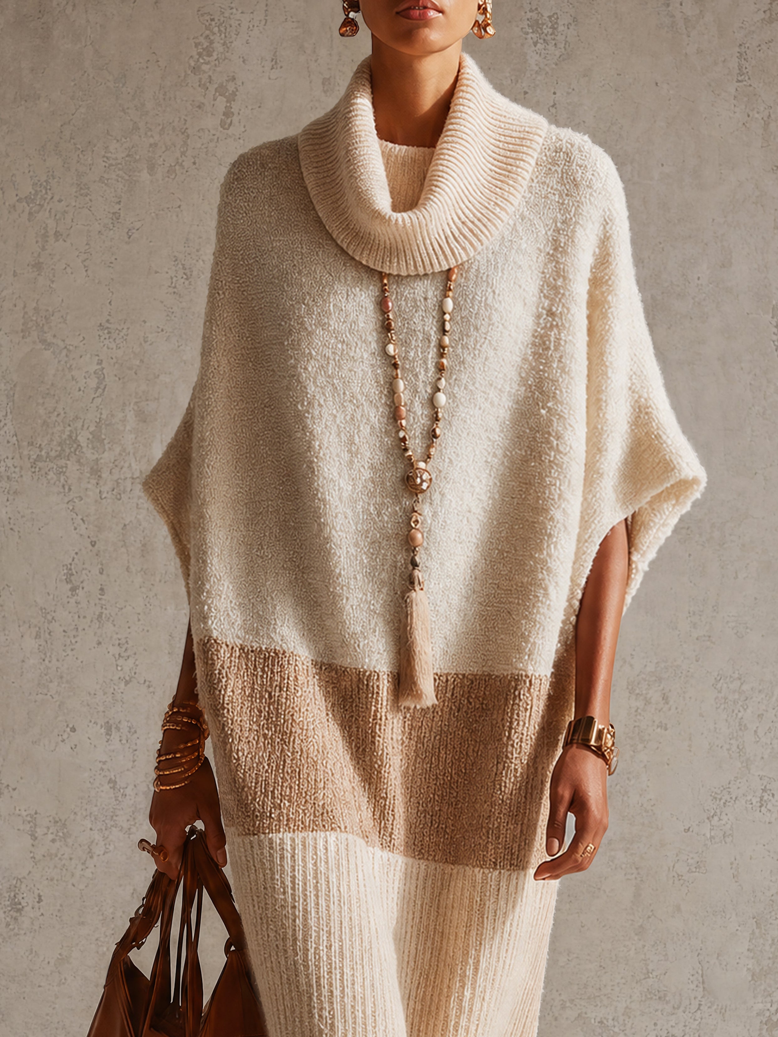Beige Color Block Loose Short Sleeve Knit Midi Dress