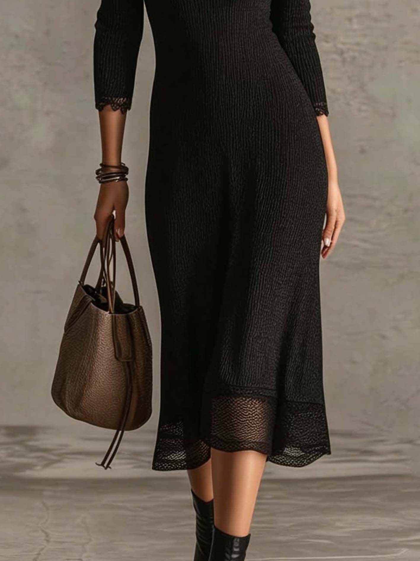 Black Lace Trim Ribbed Knit Midi Dress With Deep V-Neck
