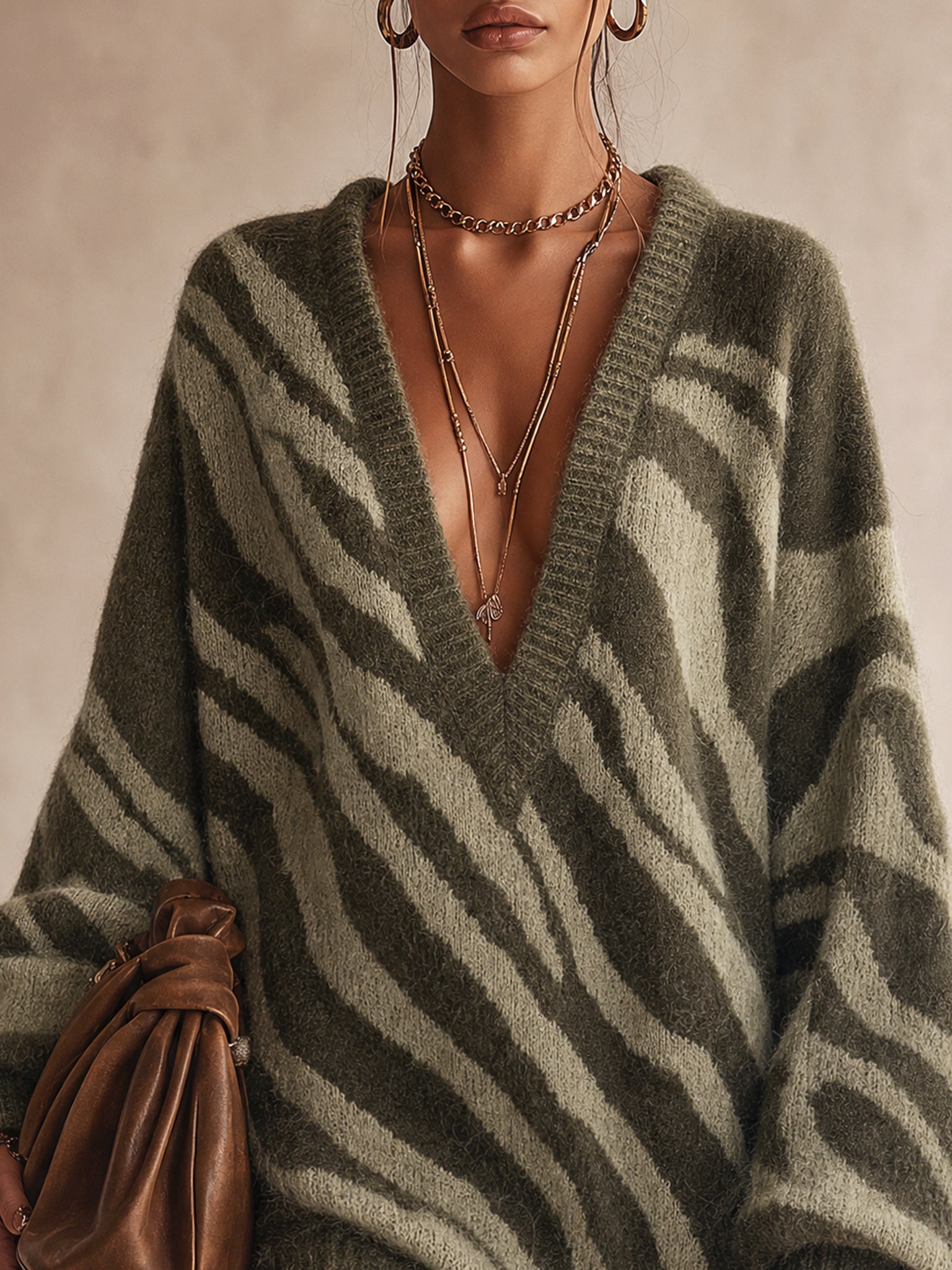 Green Animal Print Loose Knit Mini Dress