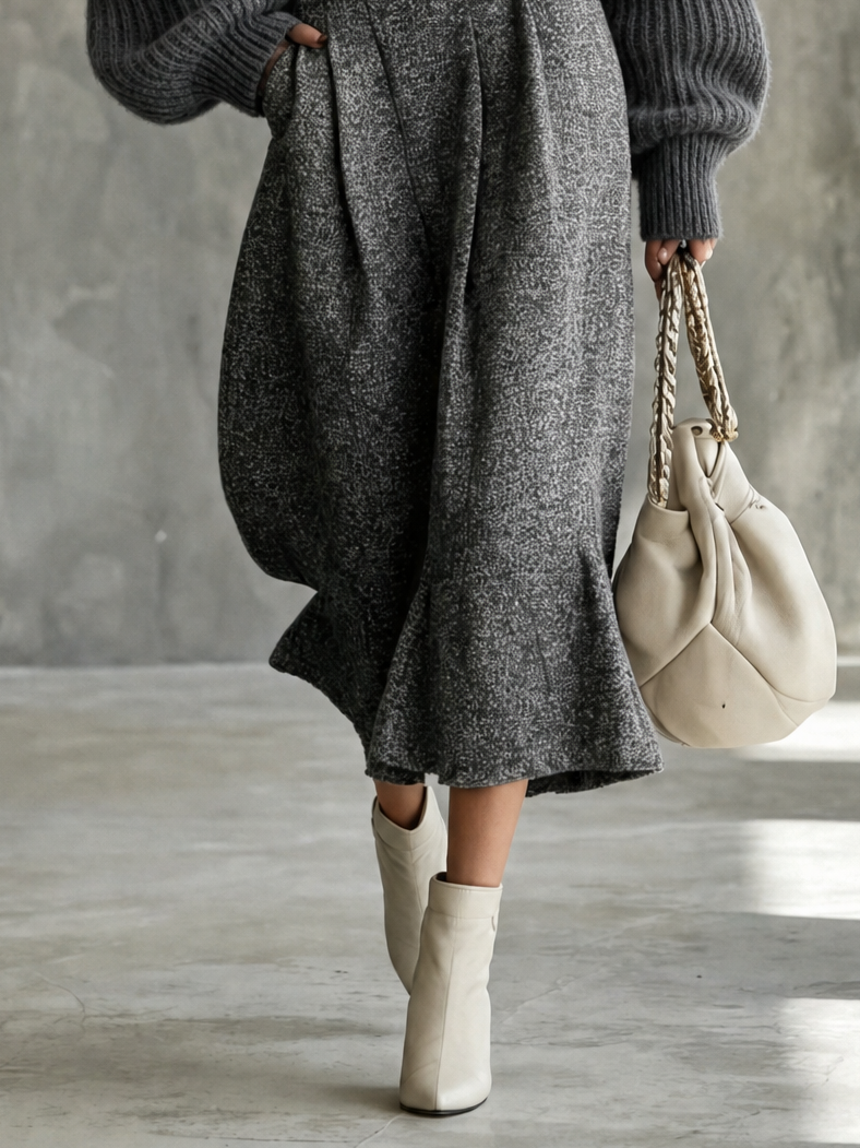 Charcoal Textured Wool-Blend A-Line Midi Skirt