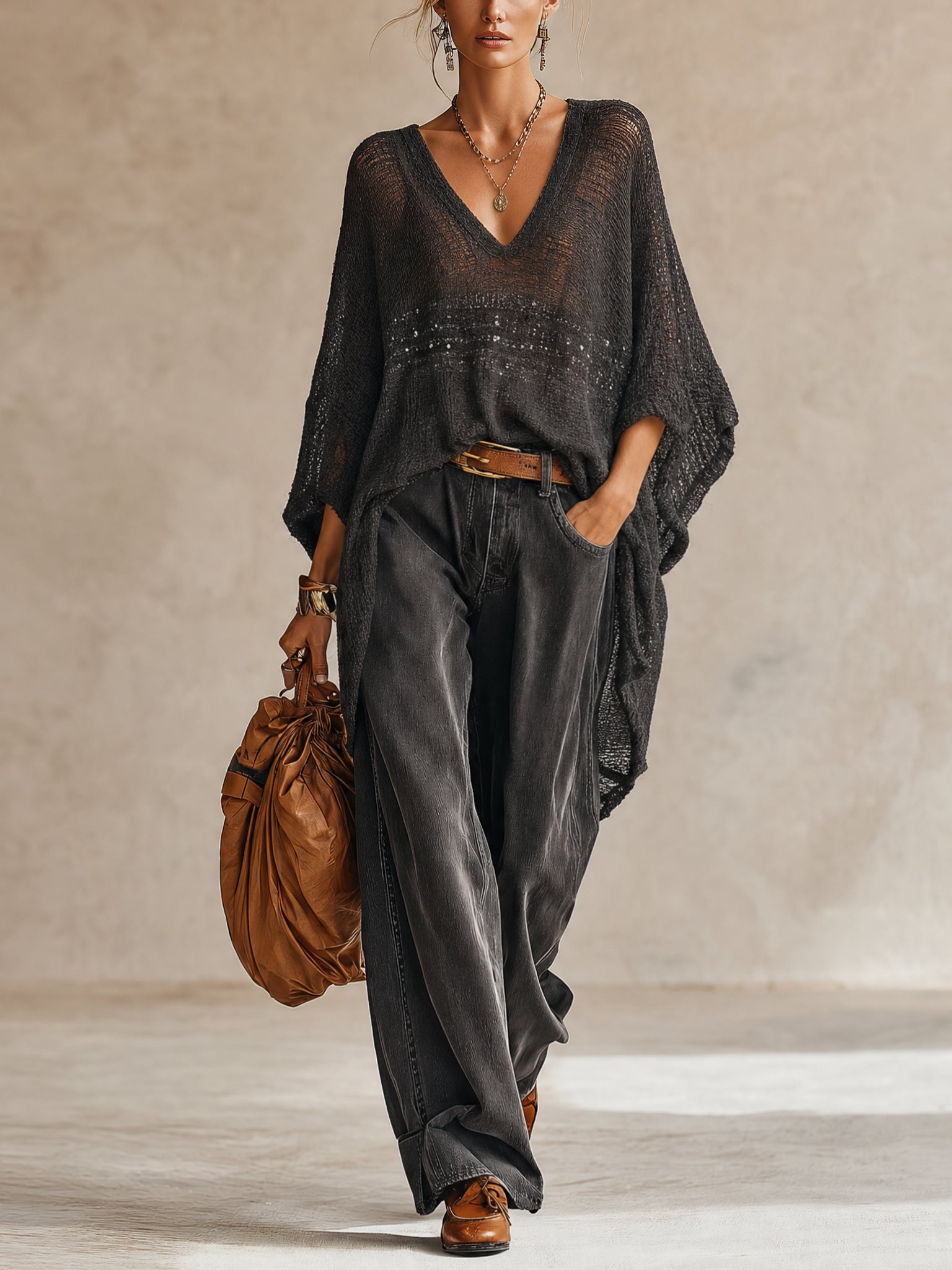 Black Shimmer V-Neck Loose Long Sleeve Sweater