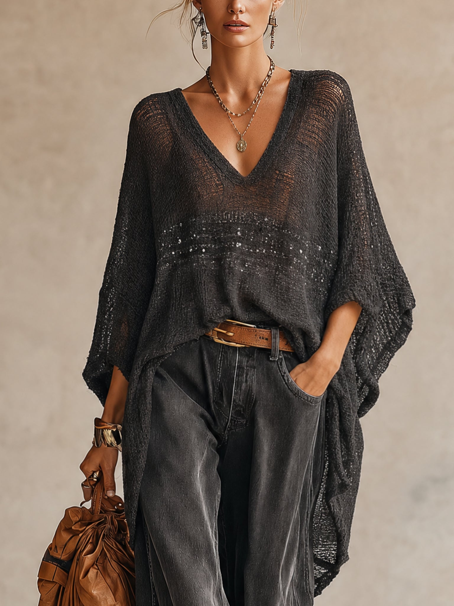 Black Shimmer V-Neck Loose Long Sleeve Sweater