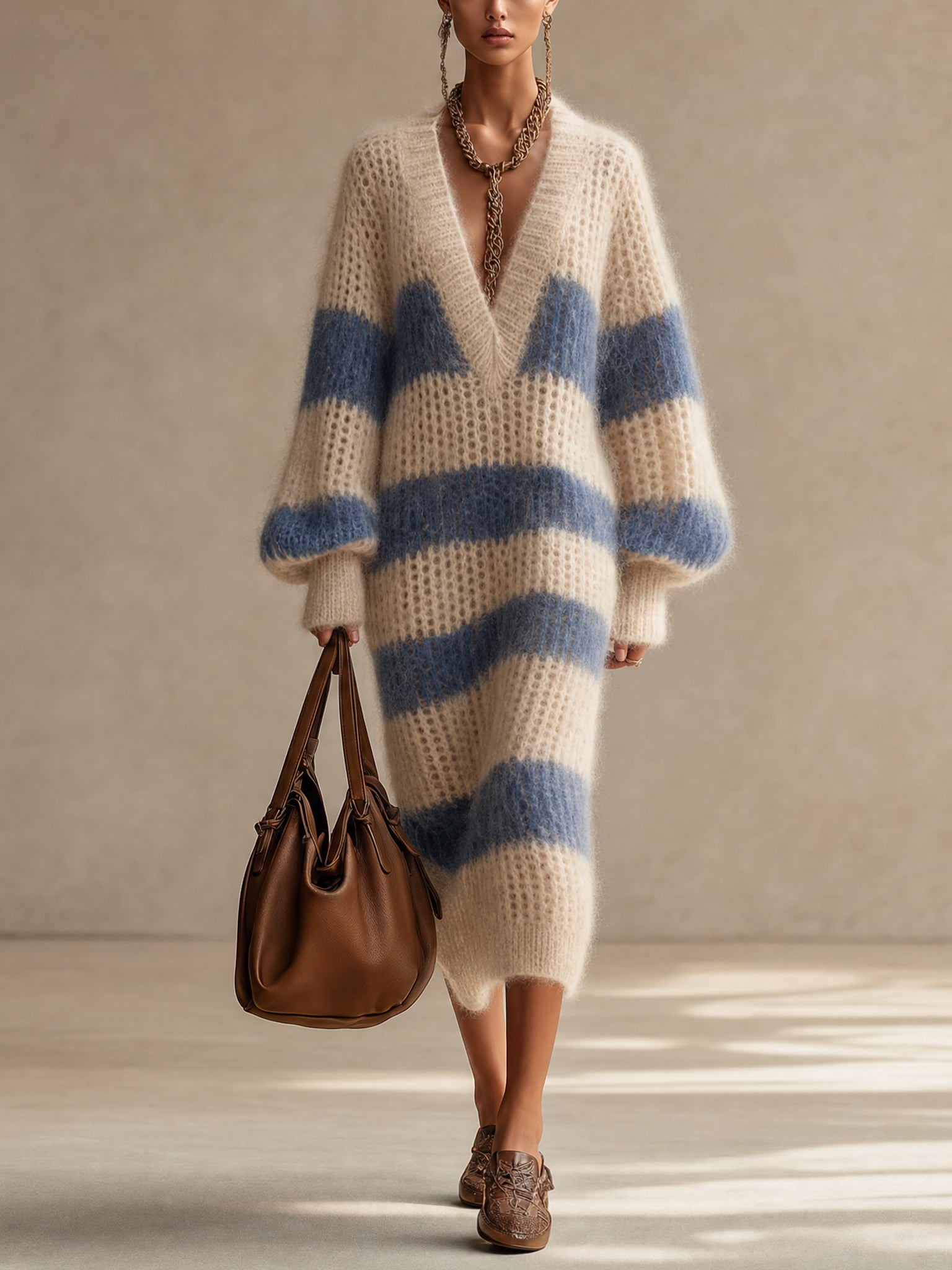 Cream And Blue Color Block Soft Mohair Knit Midi Dress