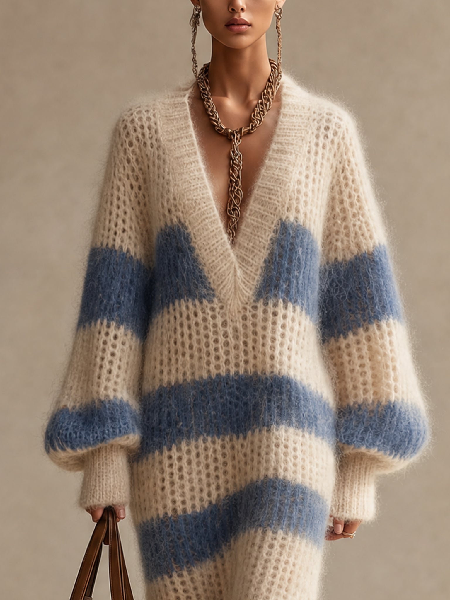 Cream And Blue Color Block Soft Mohair Knit Midi Dress
