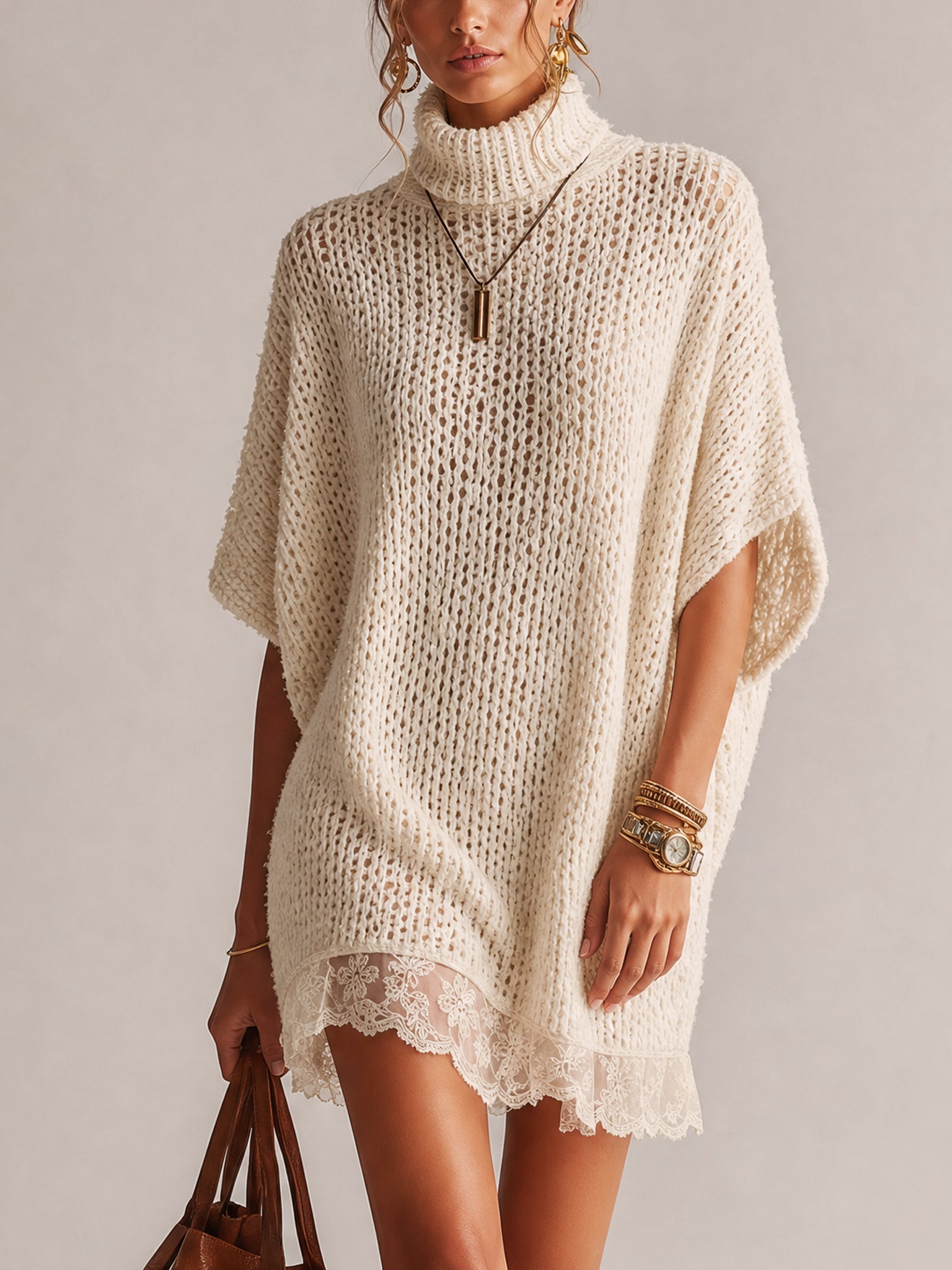 Cream Loose Knit Lace Trim Mini Dress