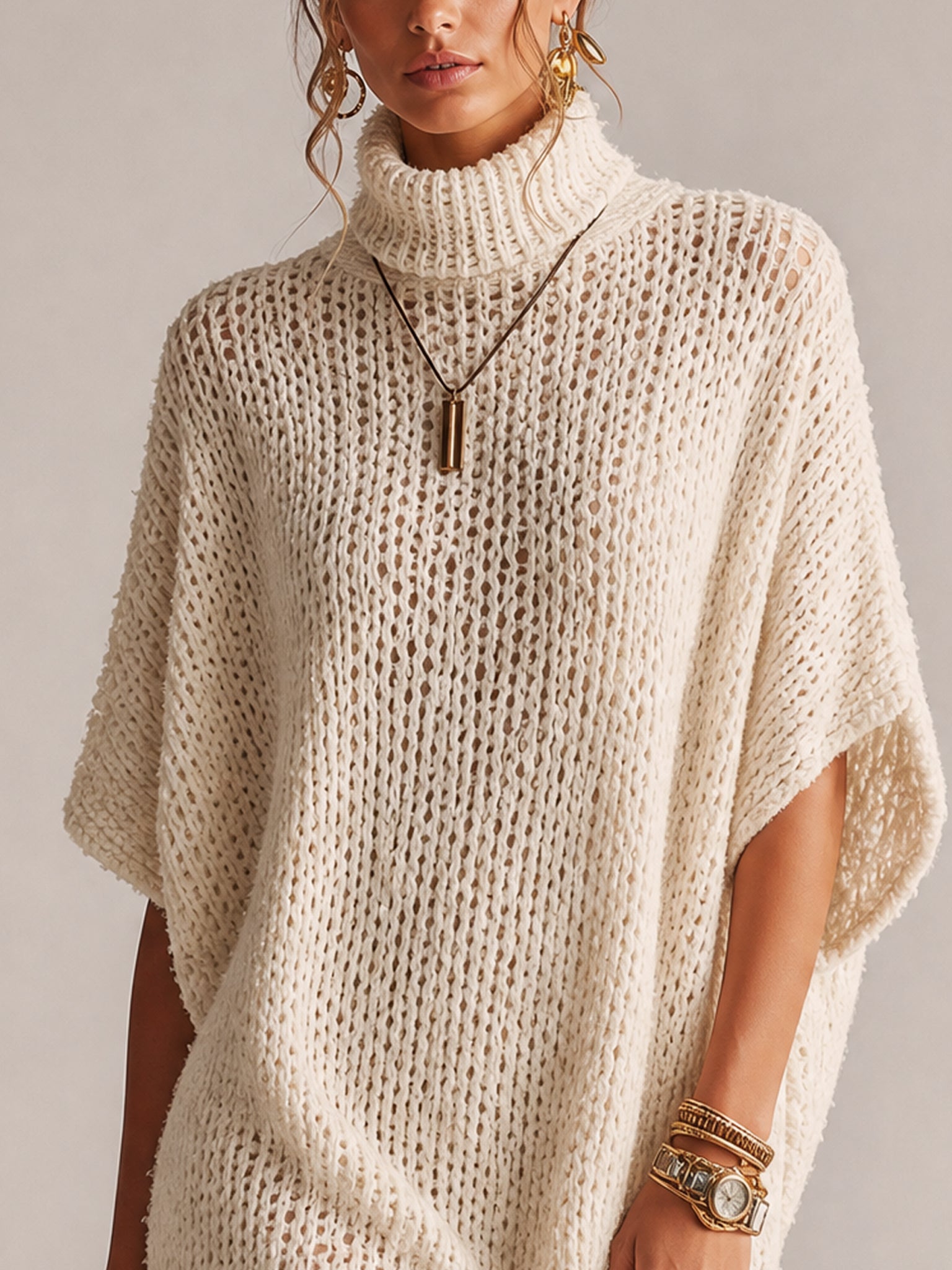 Cream Loose Knit Lace Trim Mini Dress