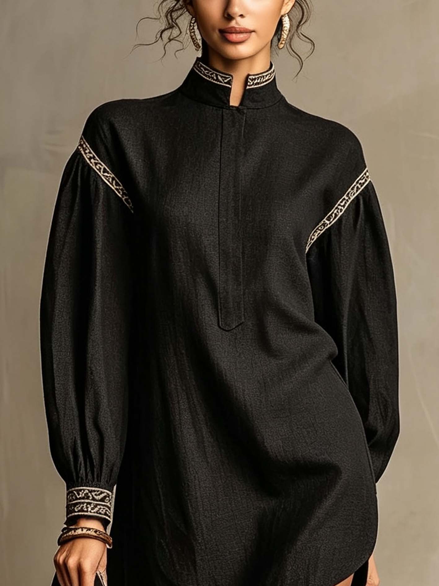 Black Textured Linen Blend Mini Dress With Contrast Trim And Stand Collar