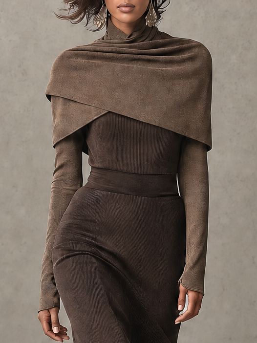 Chocolate Brown Ribbed Maxi Dress Set With Suede Sleeves And Draped Cape Overlay