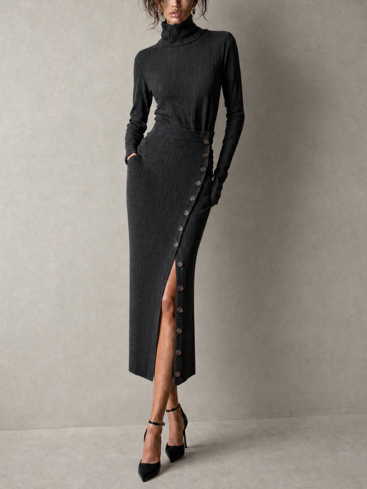 Charcoal Ribbed Mock Neck Faux Two-Piece Maxi Dress