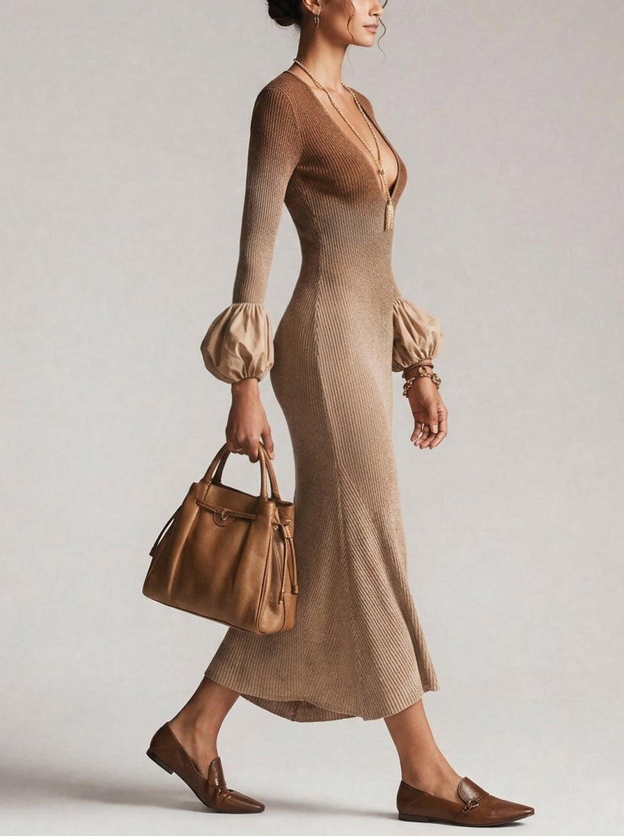 Brown Ombre Puff Sleeve Knit Bodycon Dress