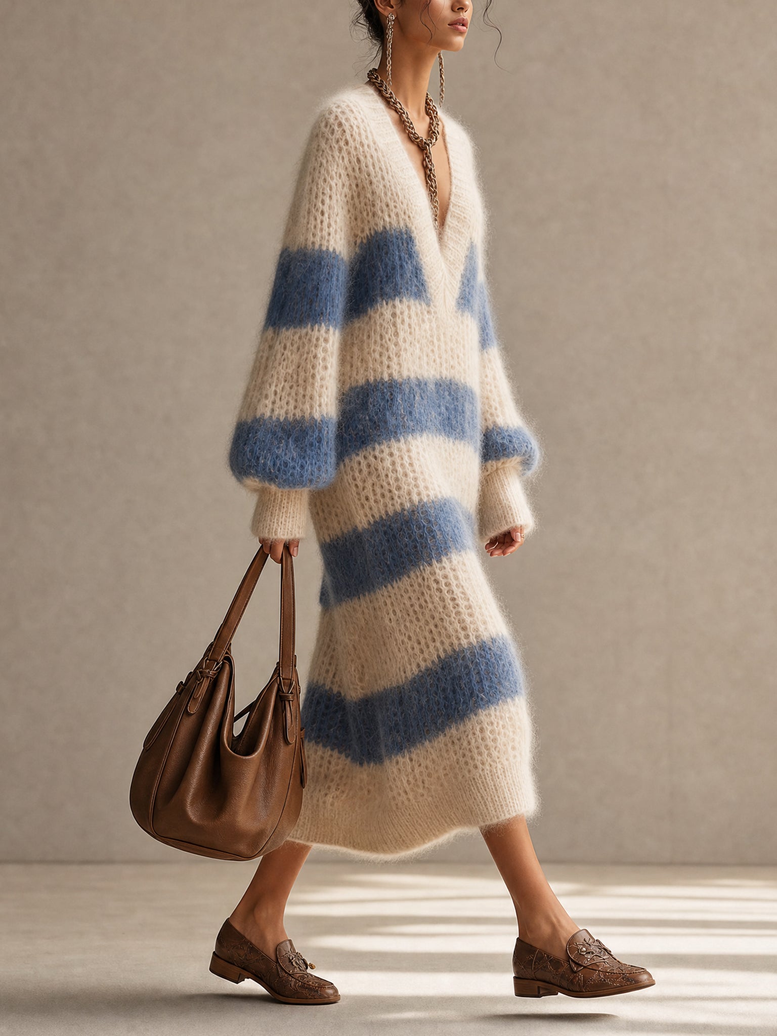 Cream And Blue Color Block Soft Mohair Knit Midi Dress