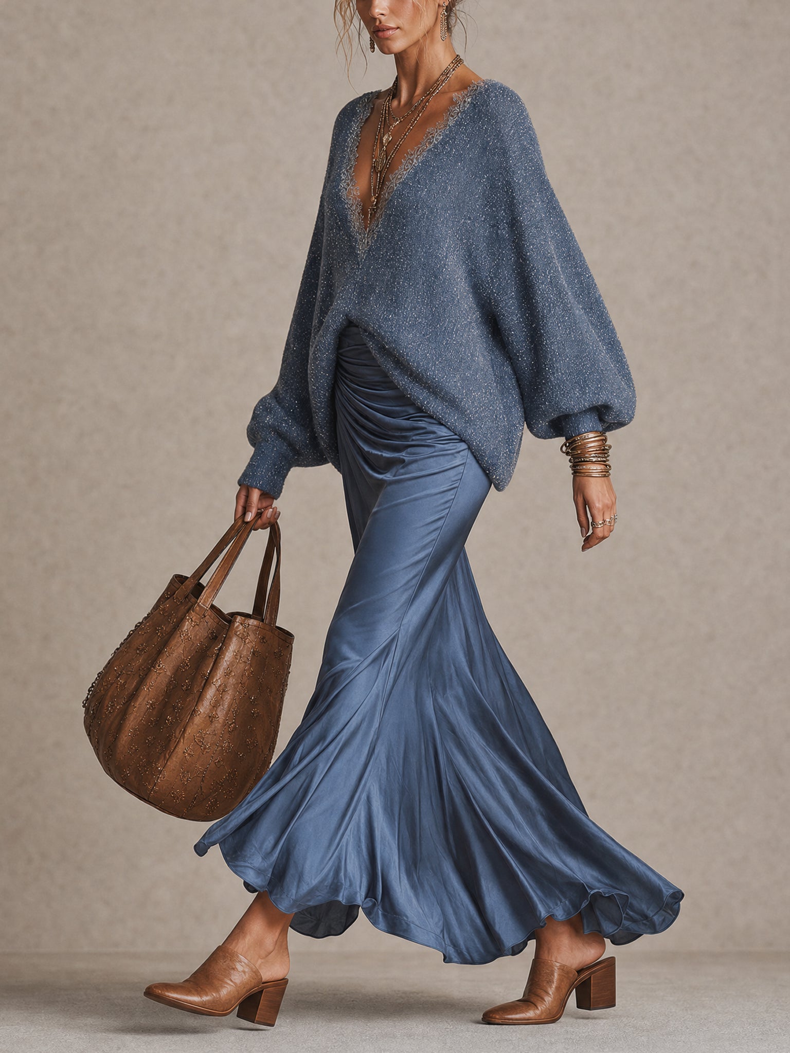 Blue Shimmer Lace Trim V-Neck Loose Sweater