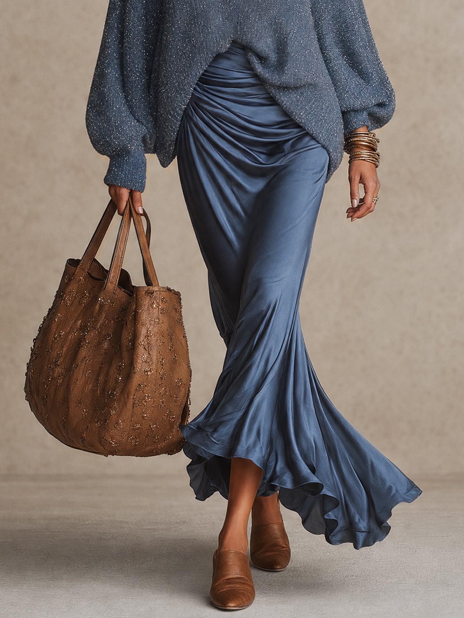Blue Satin Ruched Maxi Skirt