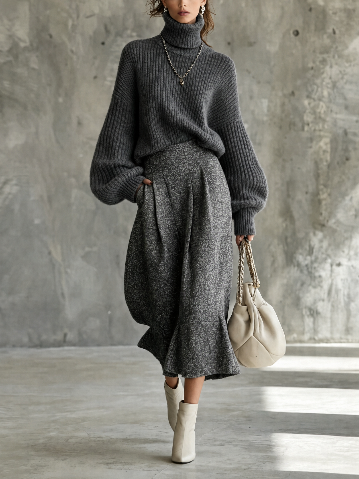 Charcoal Ribbed Turtleneck Oversized Knit Sweater