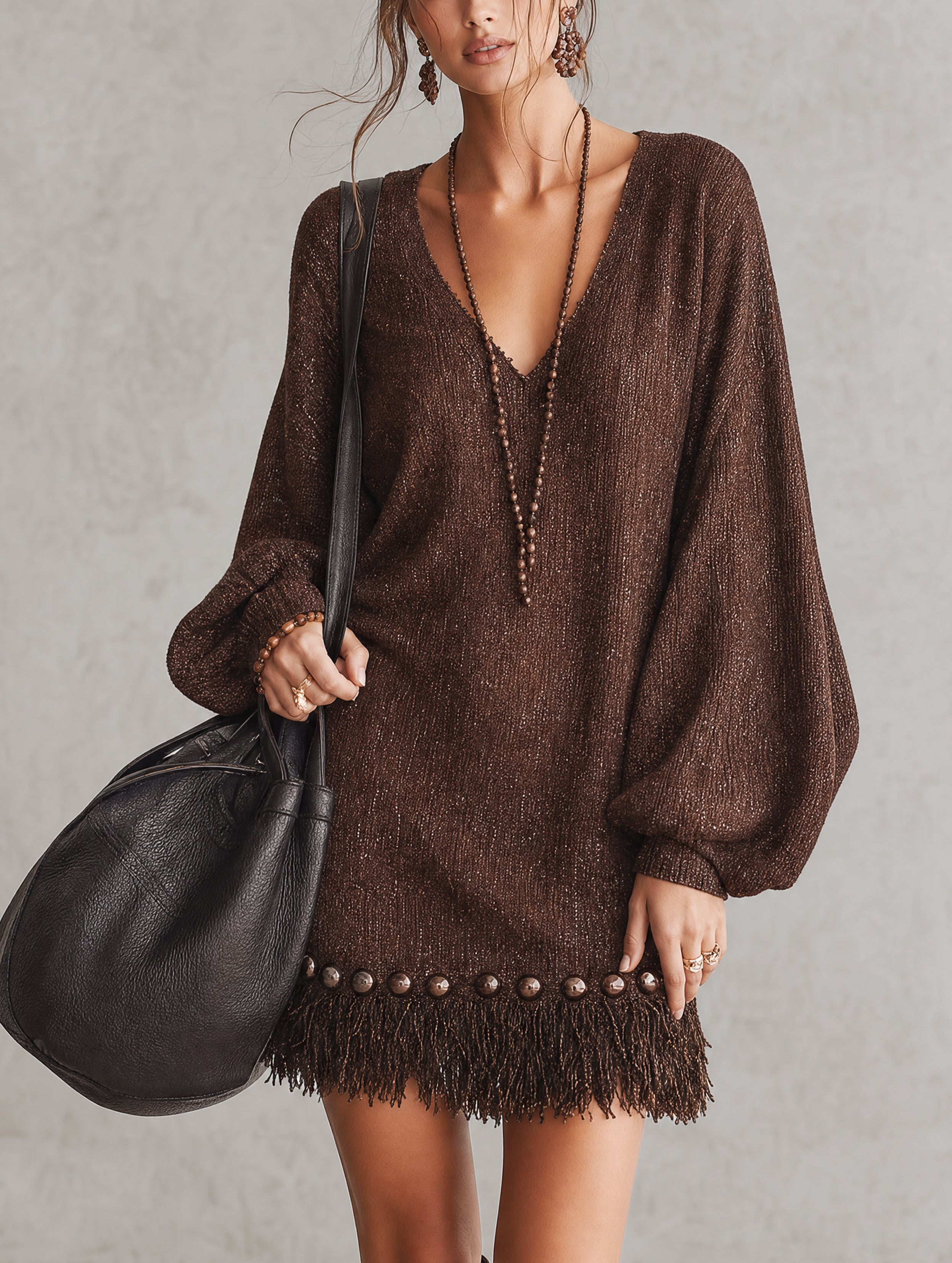 Brown Shimmer Knit Fringe Mini Dress