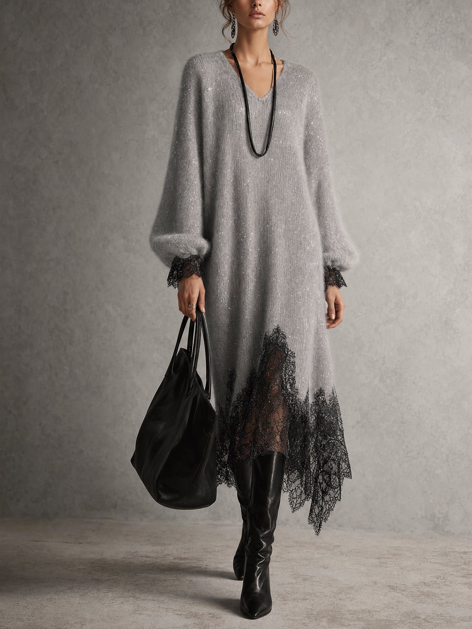 Gray Shimmer Knit Lace Hem Midi Dress