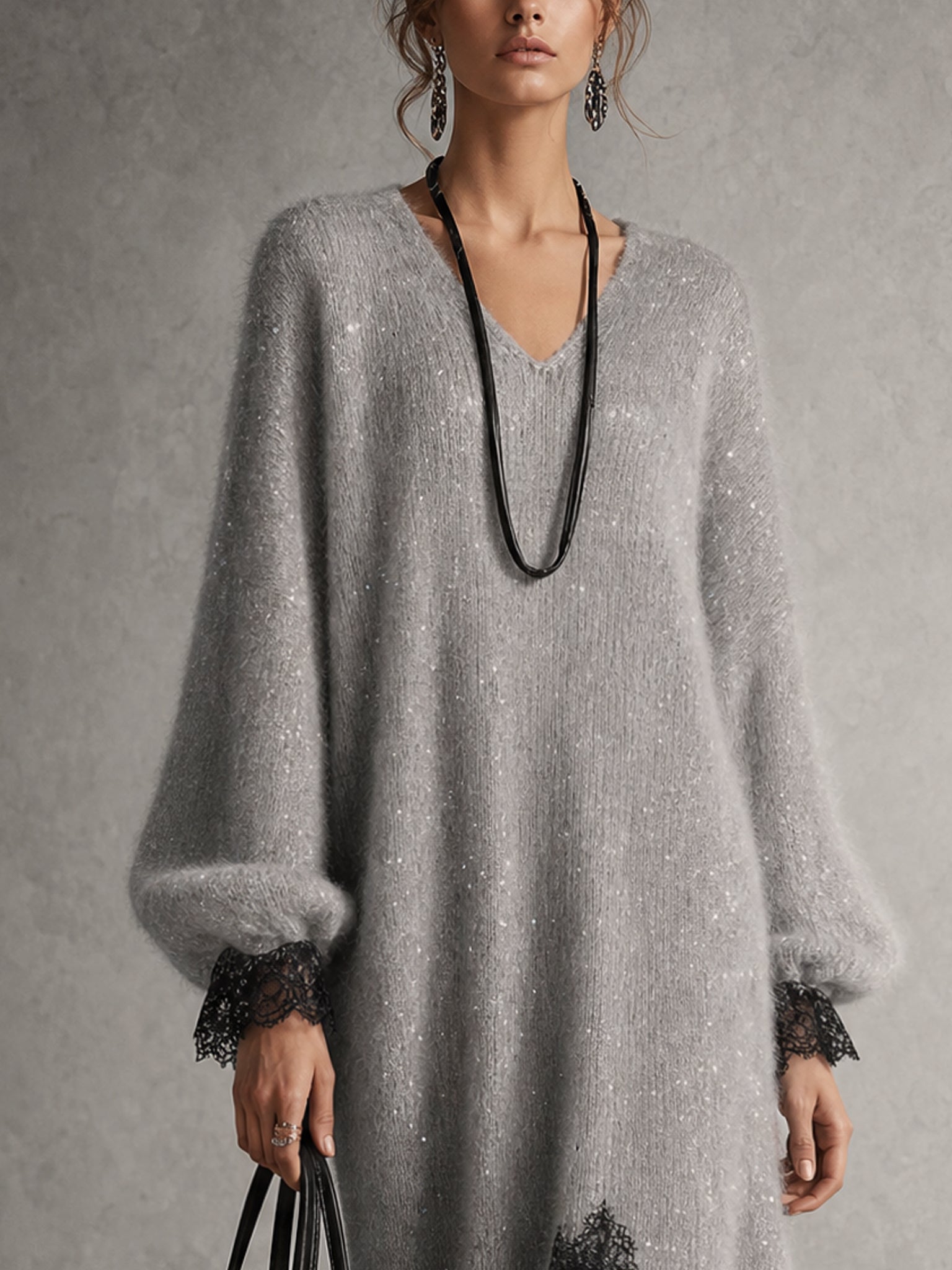 Gray Shimmer Knit Lace Hem Midi Dress