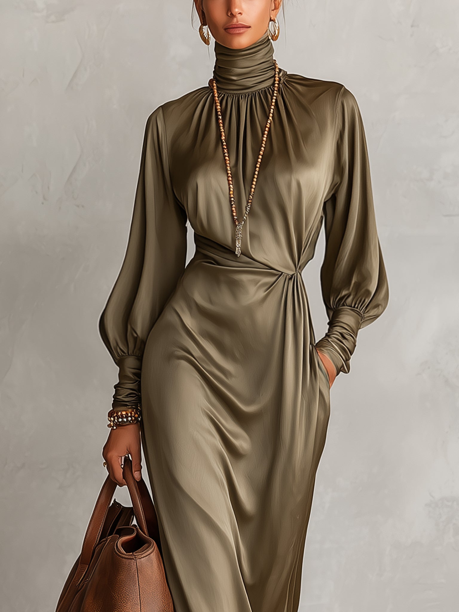 Olive Green Satin Lace Trim Maxi Dress