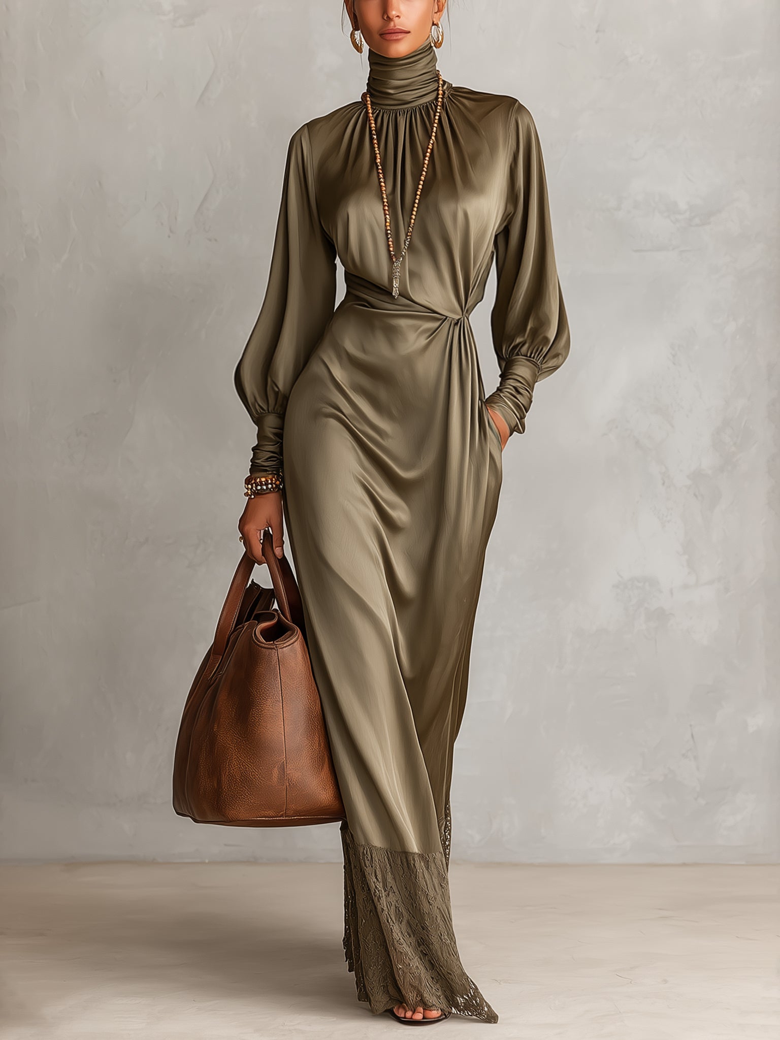 Olive Green Satin Lace Trim Maxi Dress