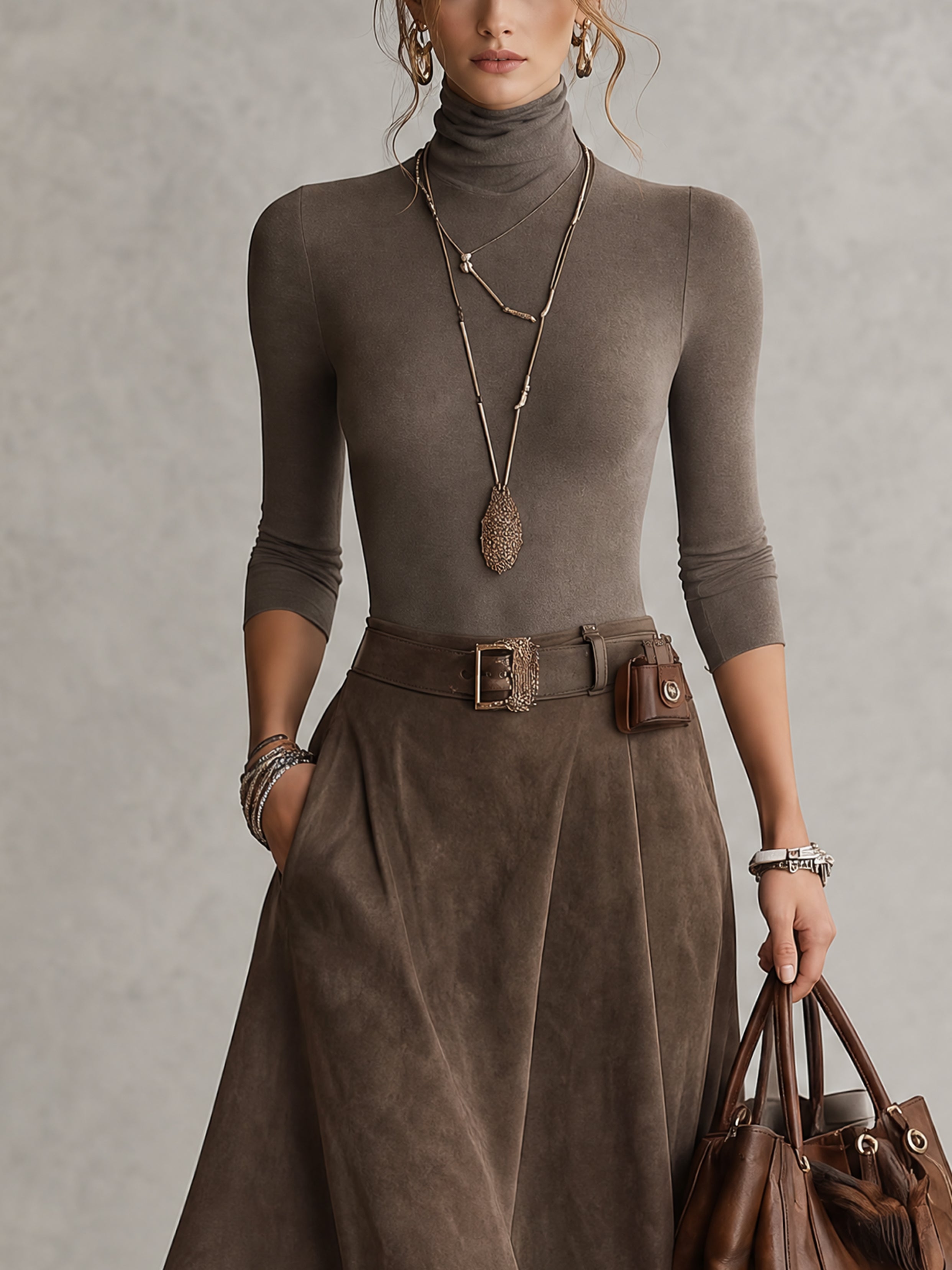 Taupe Stretch Turtleneck Top And Asymmetrical Suede Skirt Set