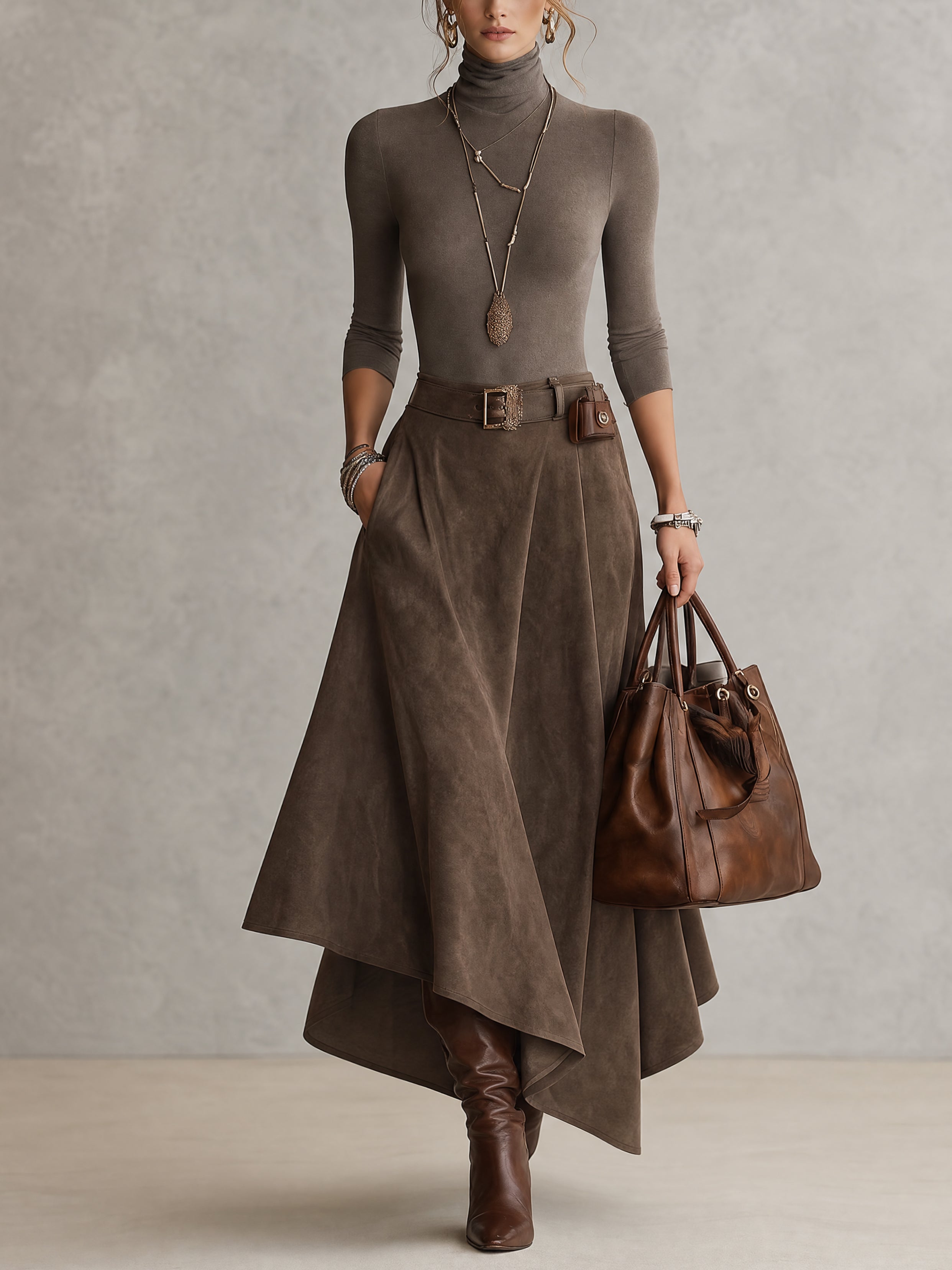 Taupe Stretch Turtleneck Top And Asymmetrical Suede Skirt Set