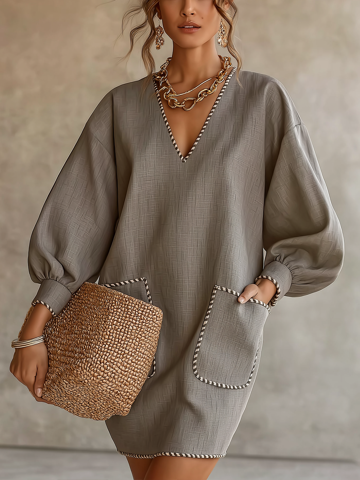 Grey Linen Blend Contrast Trim V-Neck Balloon Sleeve Mini Dress