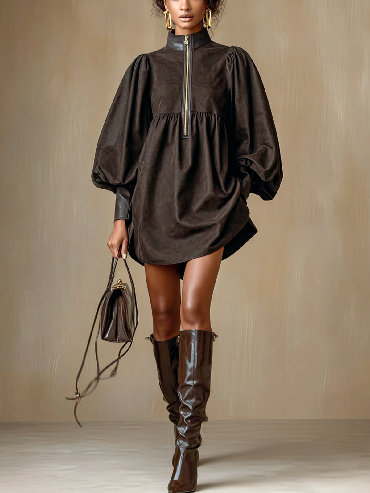 Dark Brown Faux Suede Half Zip Puff Sleeve Mini Dress