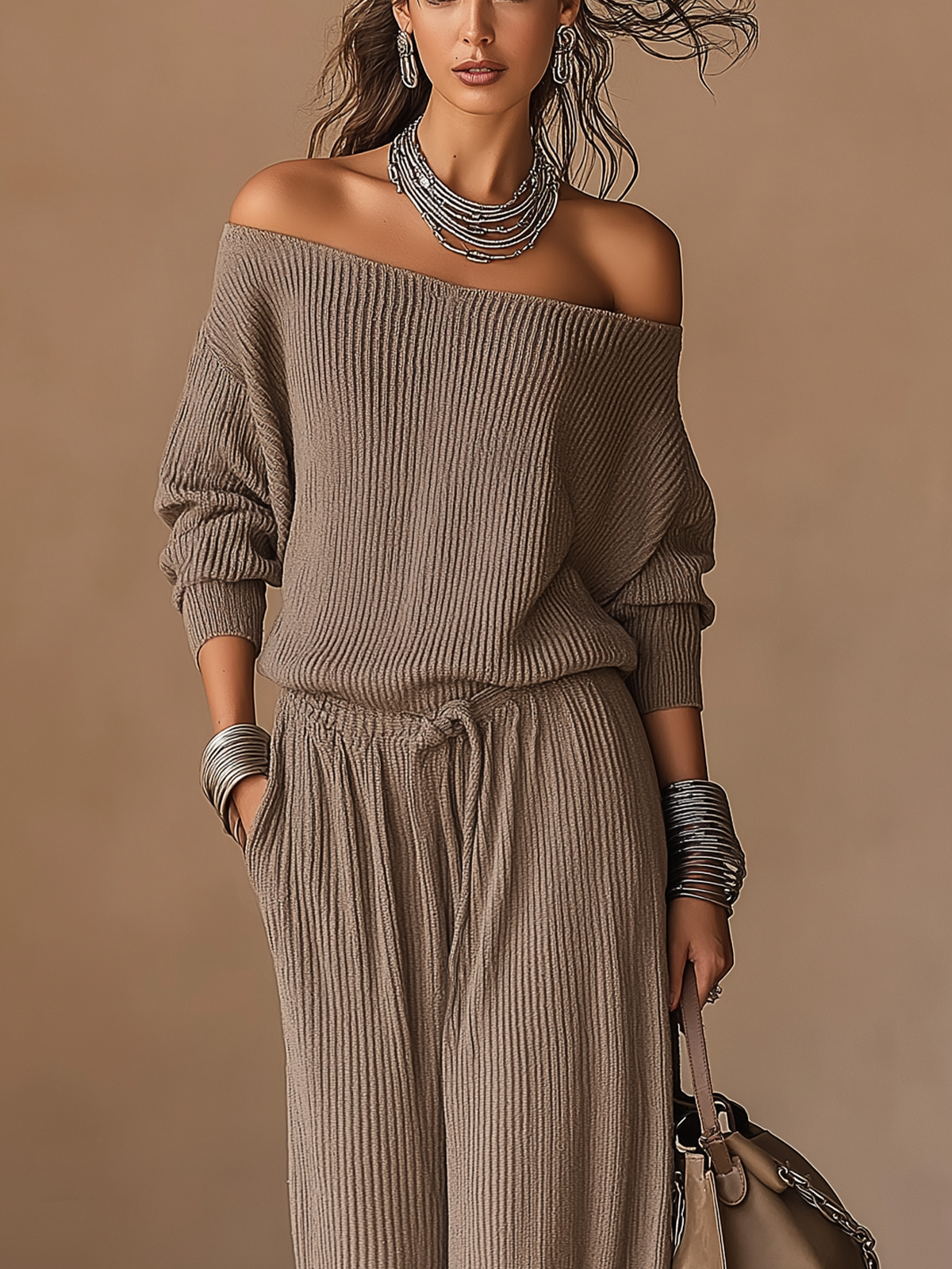 Taupe Ribbed Knit Off‑The‑Shoulder Wide‑Leg Jumpsuit