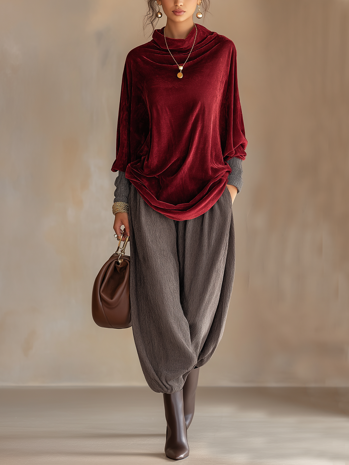 Burgundy Velvet Cowl Neck Top & Crinkled Harem Pant Two‑Piece Set