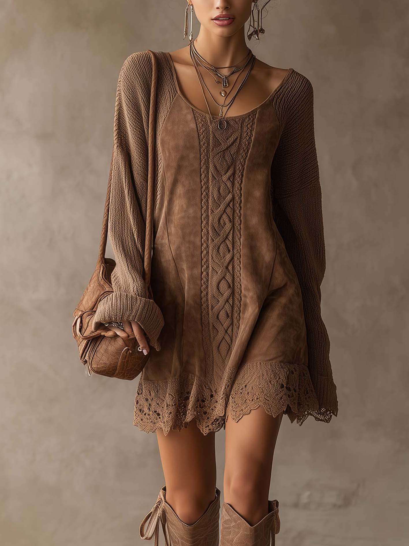 Mocha Cable Knit Patchwork Mini Dress With Lace Trim Hem