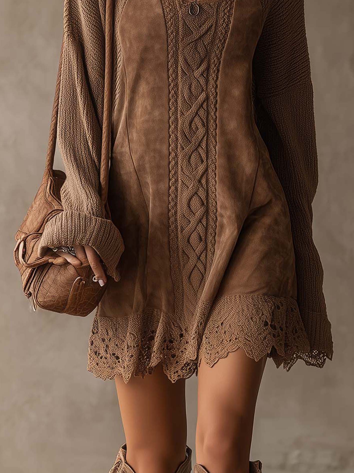 Mocha Cable Knit Patchwork Mini Dress With Lace Trim Hem