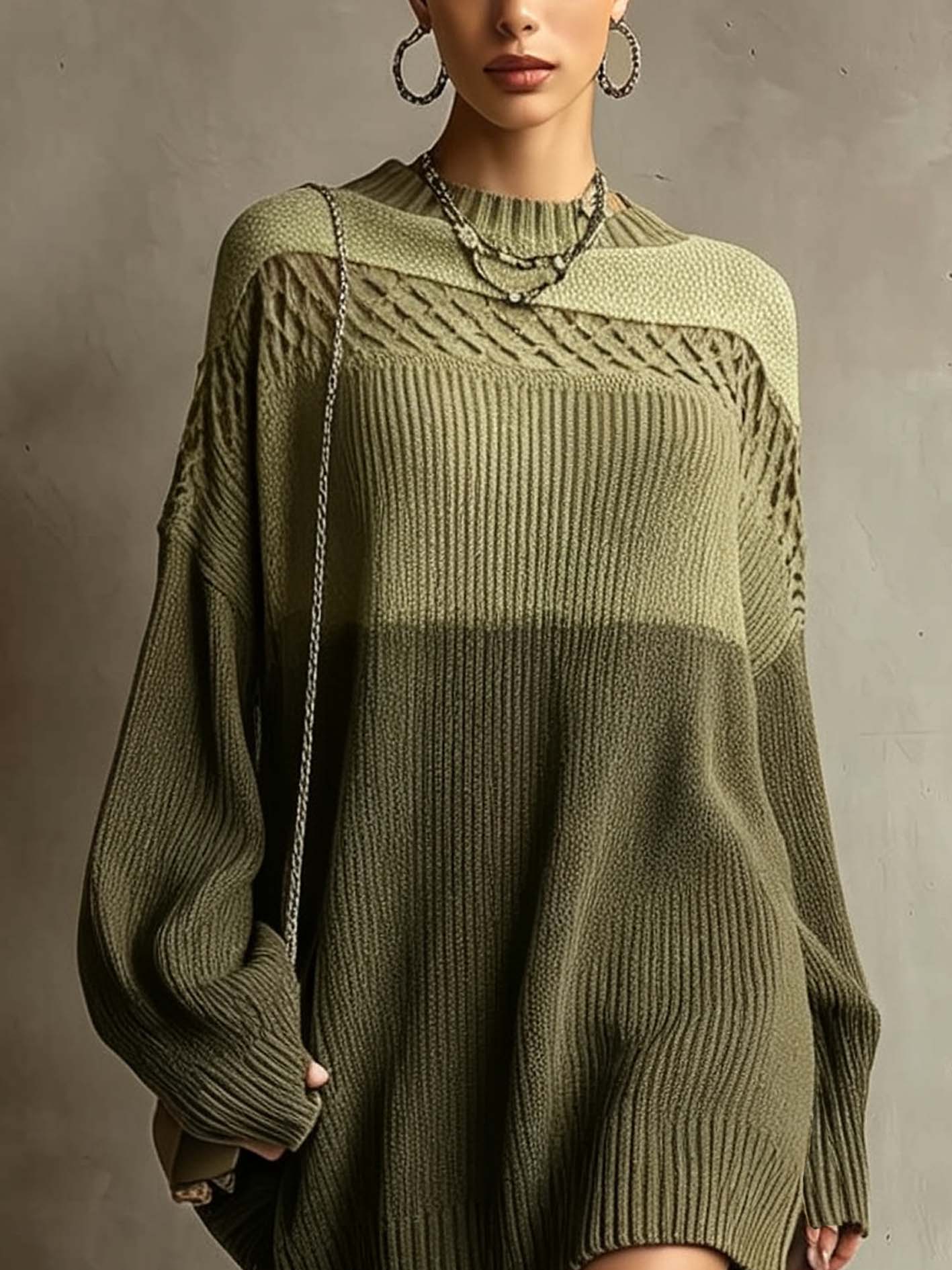 Olive Green Color Block Ribbed Knit Mini Sweater Dress