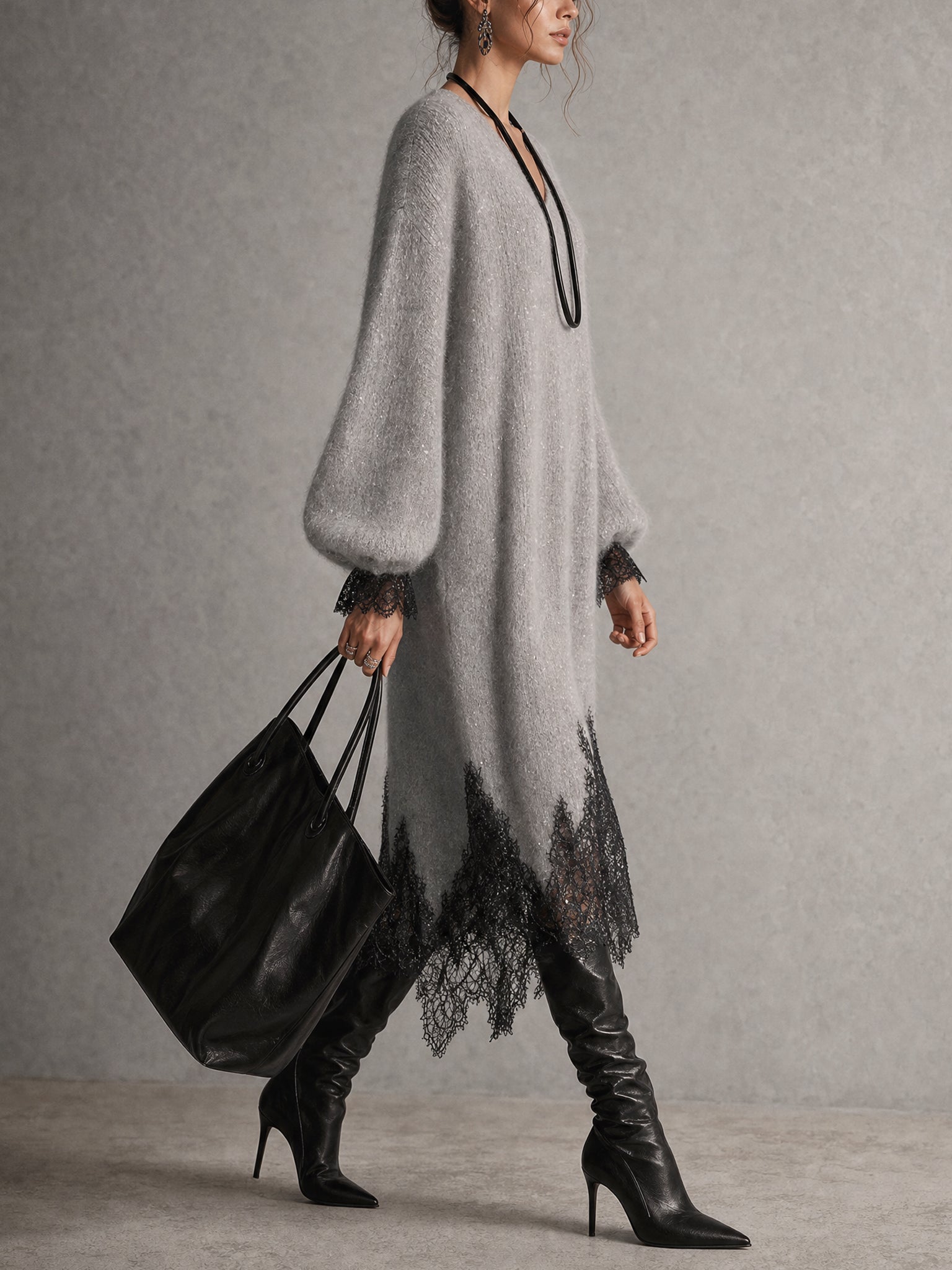 Gray Shimmer Knit Lace Hem Midi Dress