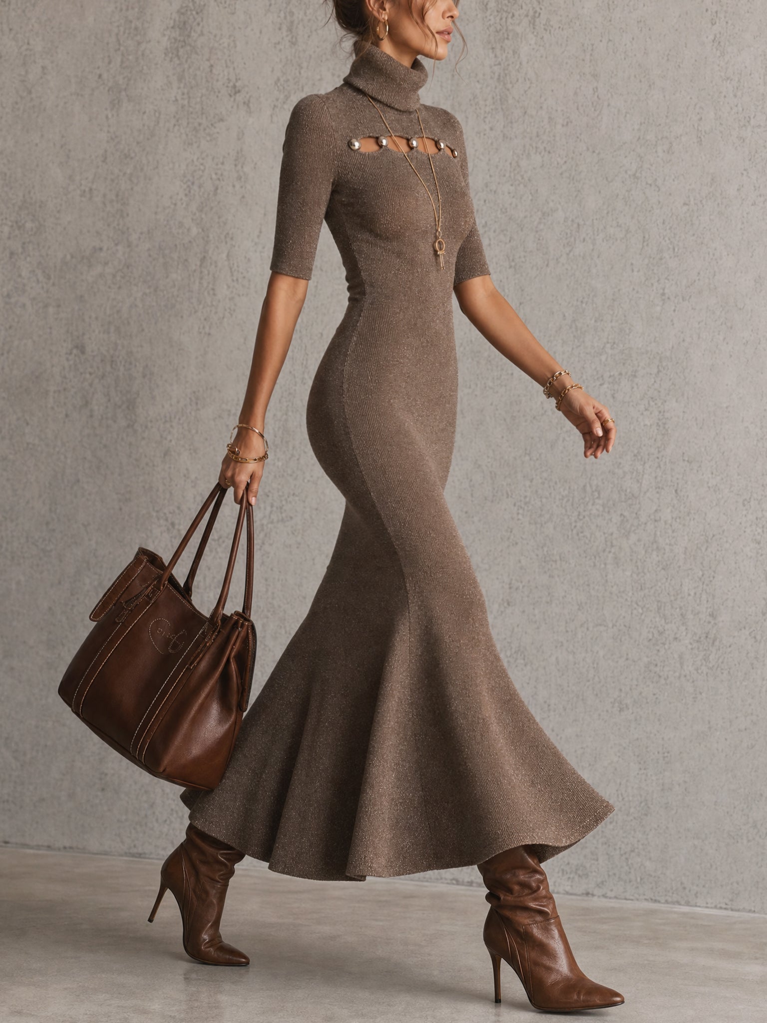 Taupe Cutout Shimmer Knit Bodycon Dress