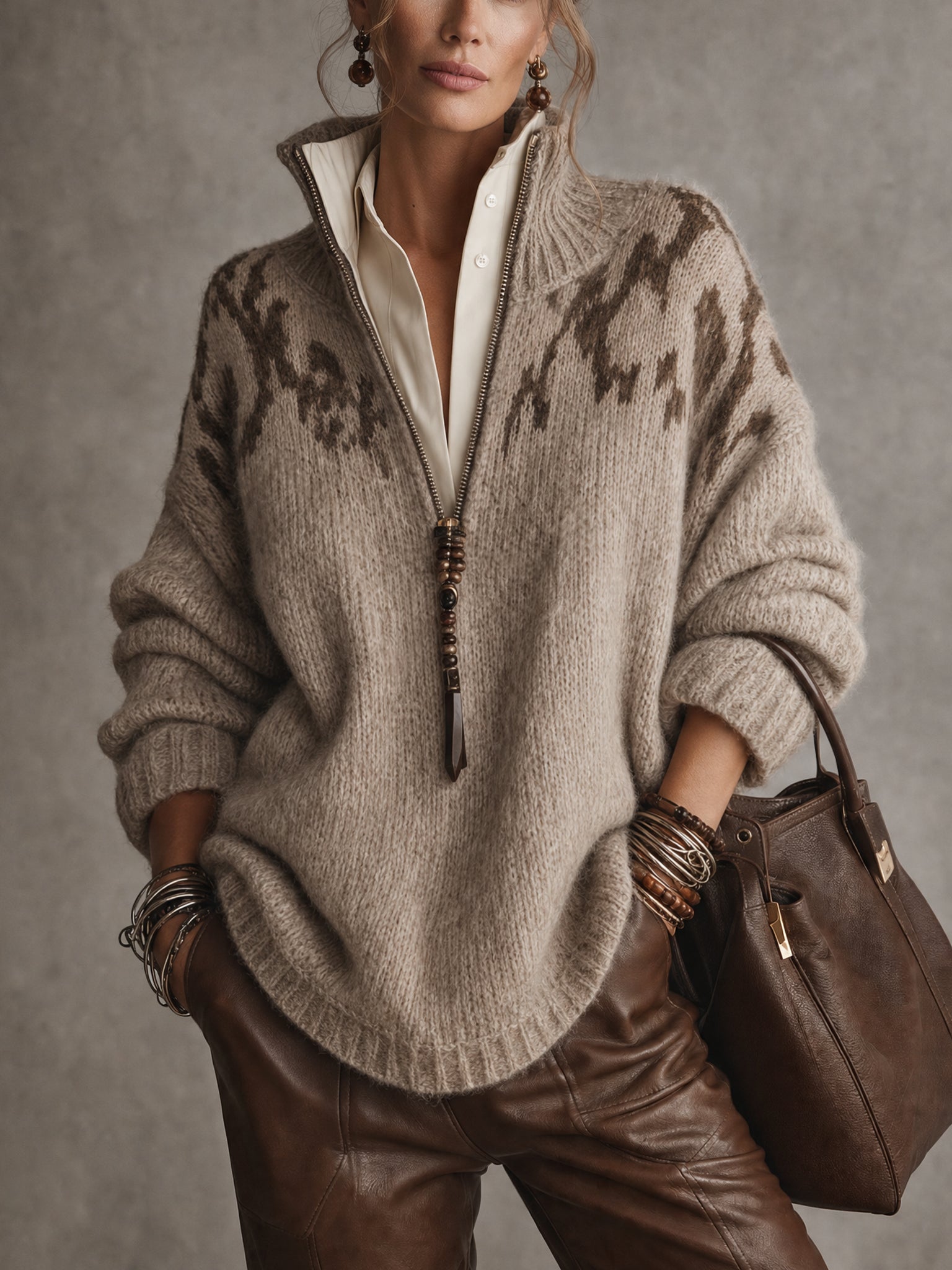 Brown Half Zip Oversized Leopard Knit Sweater