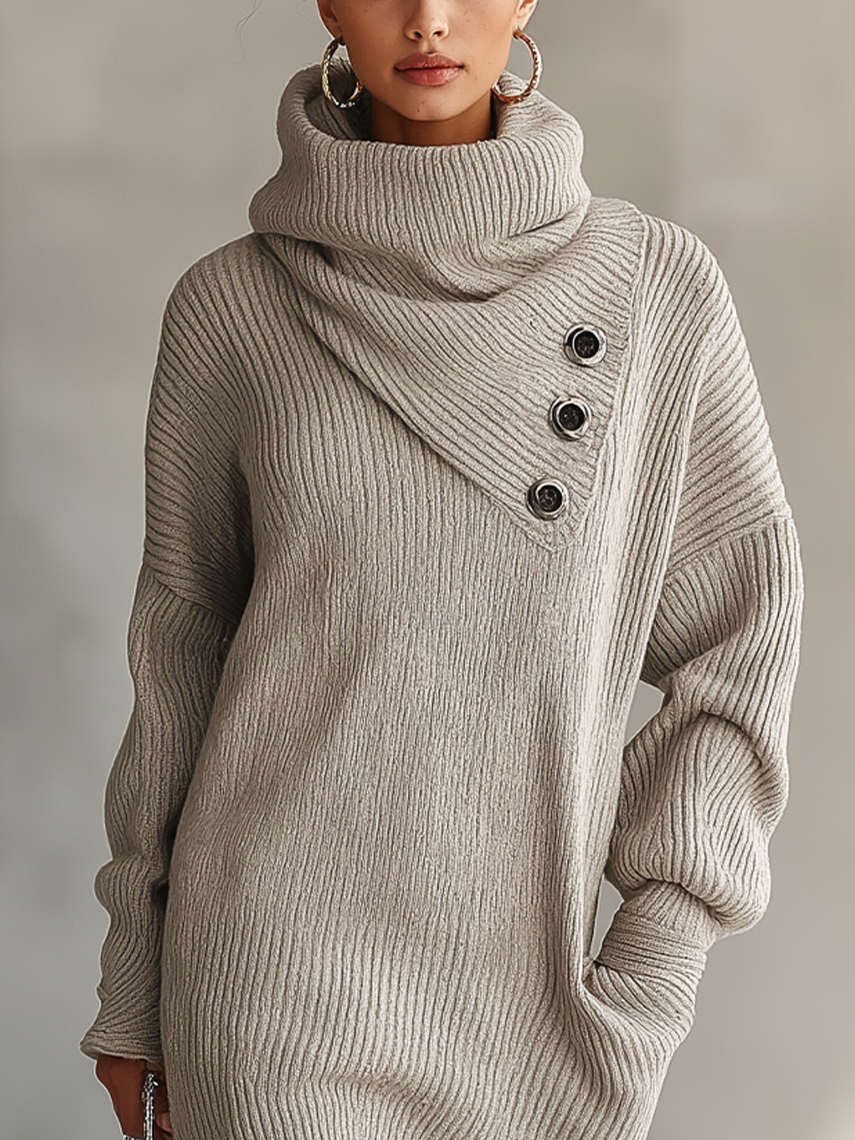 Gray Ribbed Knit Cowl Neck Button Detail Midi Dress