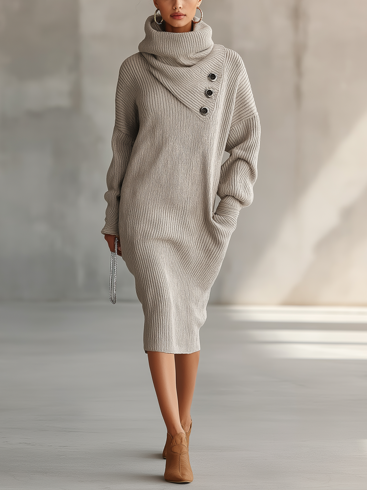 Gray Ribbed Knit Cowl Neck Button Detail Midi Dress