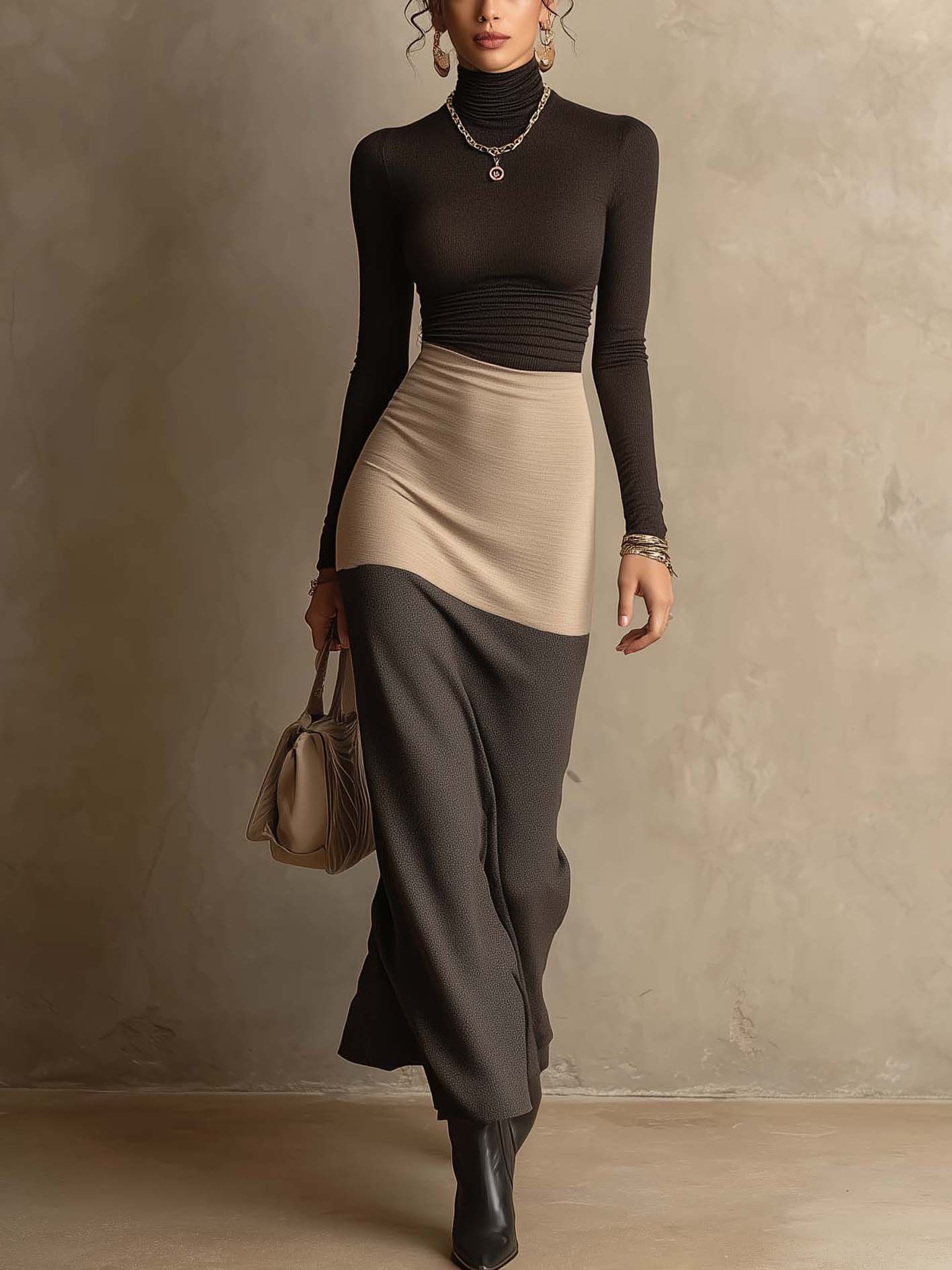 Mocha And Beige Color Block Turtleneck Maxi Dress