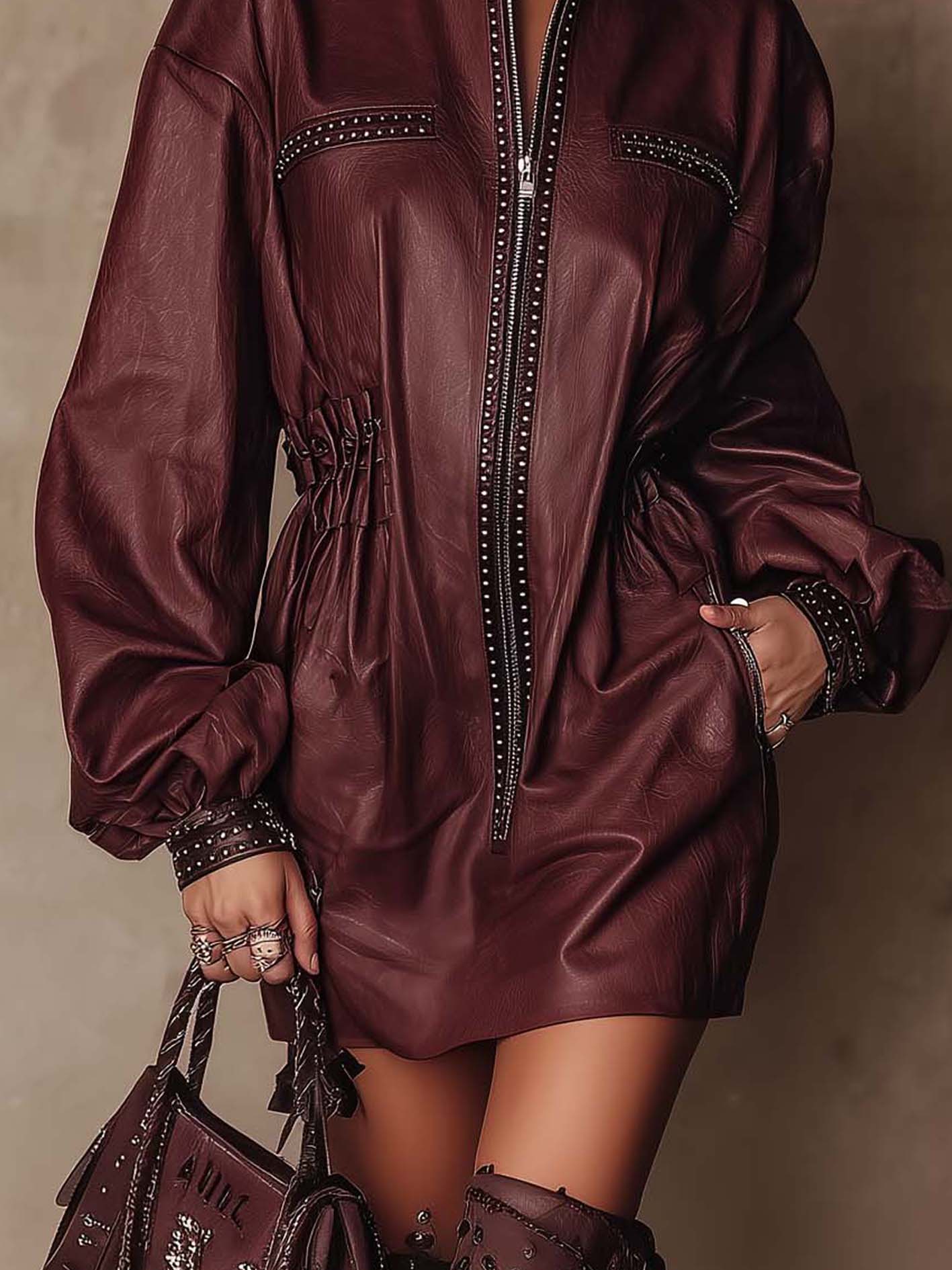 Burgundy PU Mini Dress With Studded Trim And Zip Front