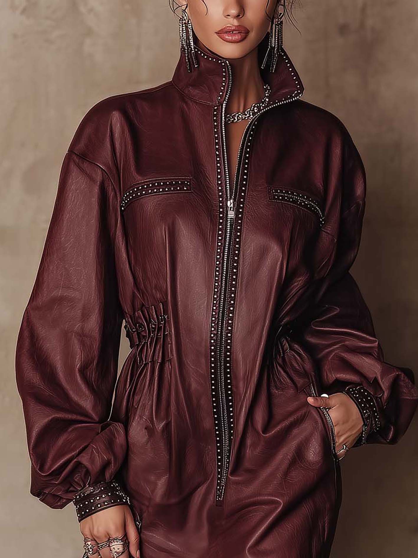 Burgundy PU Mini Dress With Studded Trim And Zip Front