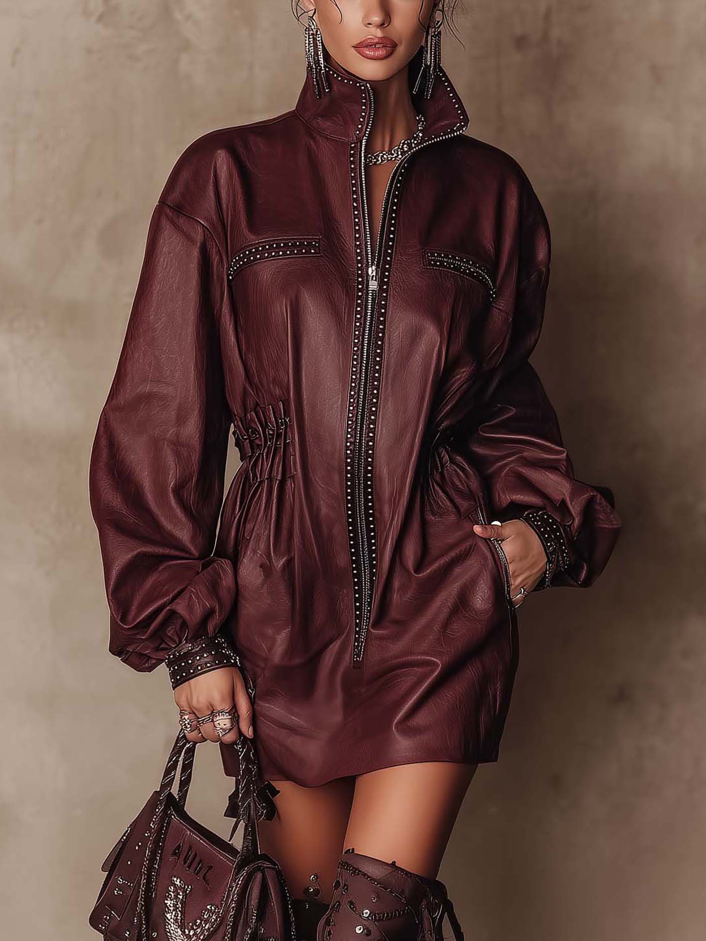 Burgundy PU Mini Dress With Studded Trim And Zip Front