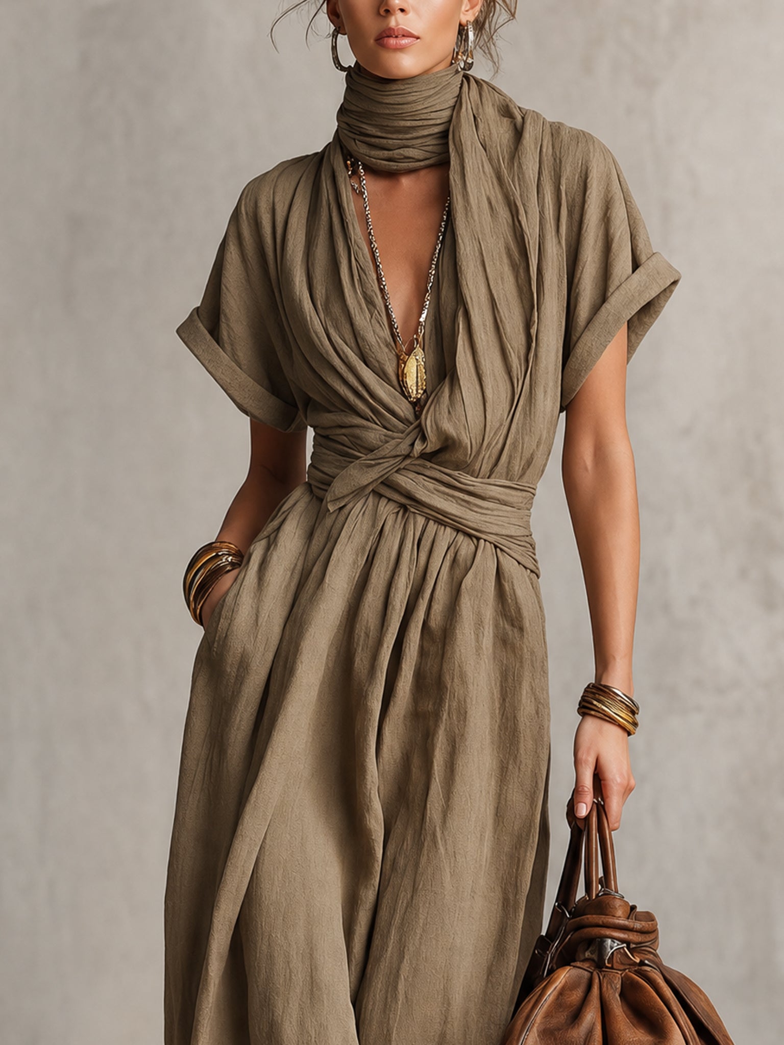Green Linen Loose Tie Neck Maxi Dress