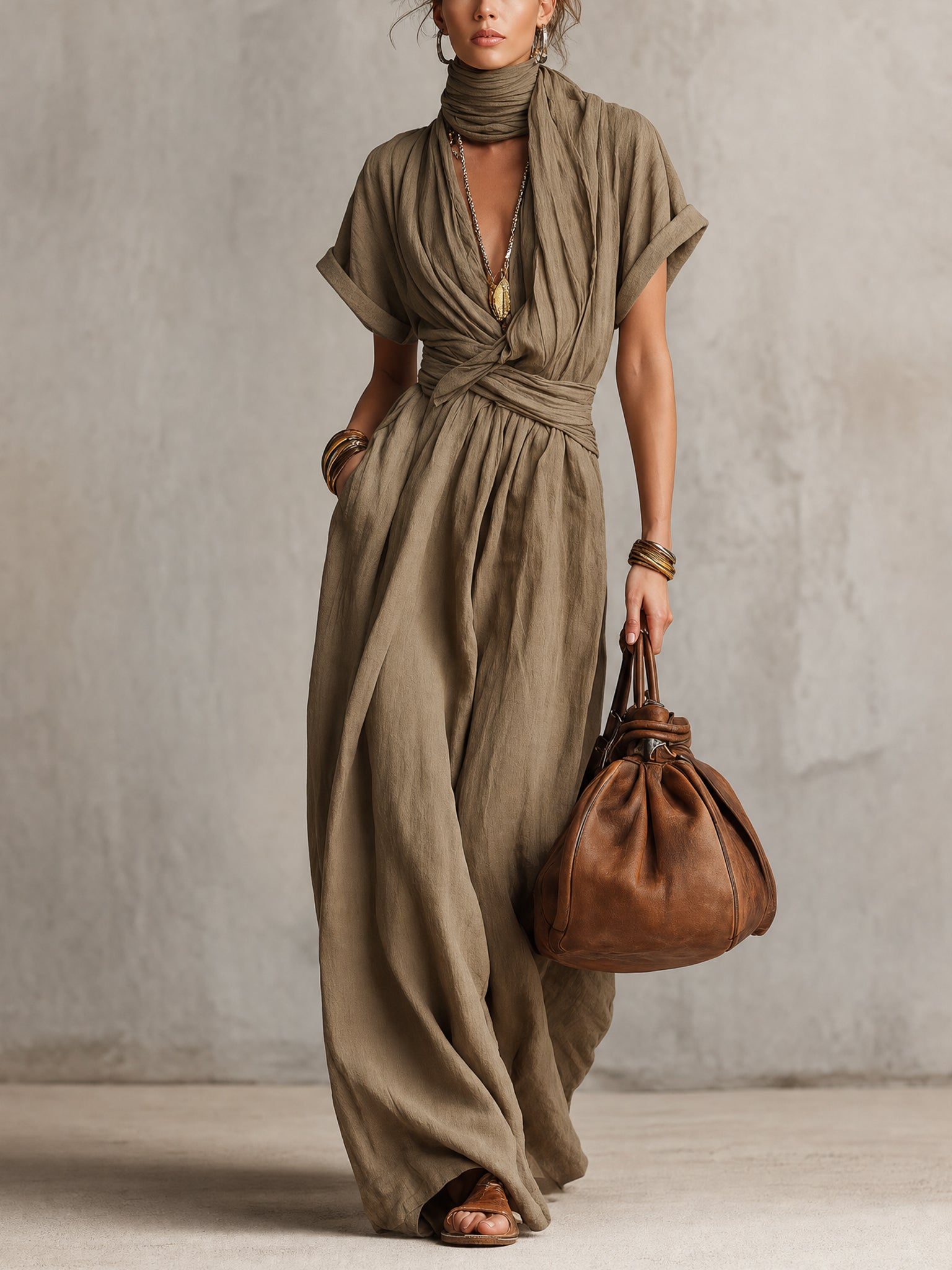 Green Linen Loose Tie Neck Maxi Dress