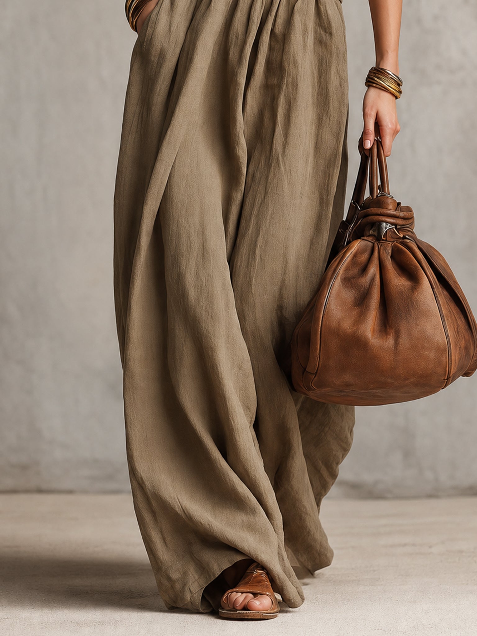 Green Linen Loose Tie Neck Maxi Dress