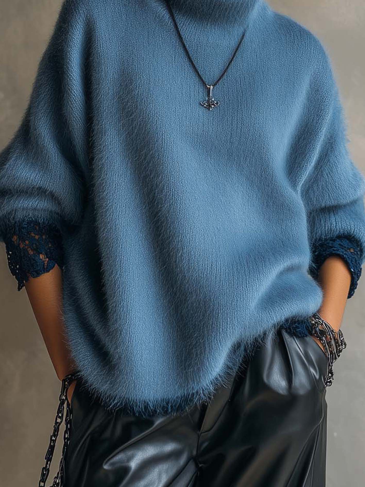 Dusty Blue Fuzzy Turtleneck Sweater With Contrast Lace Cuffs