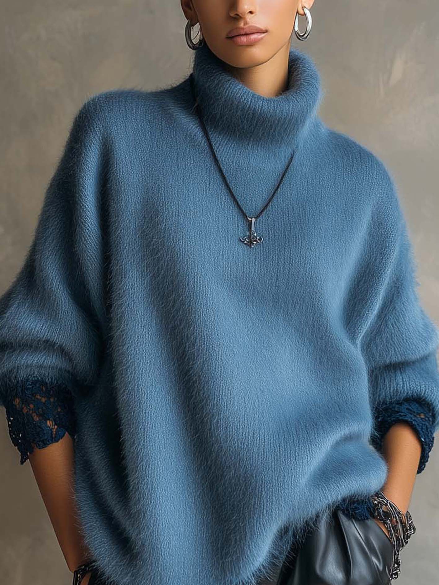 Dusty Blue Fuzzy Turtleneck Sweater With Contrast Lace Cuffs