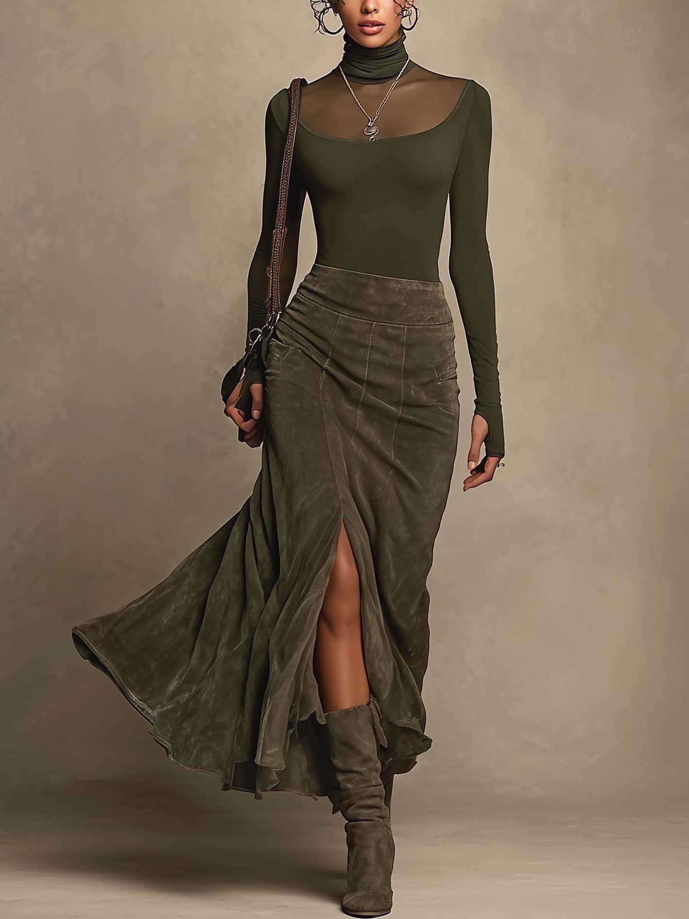 Olive Green Mesh Panel Top And Faux Suede Maxi Skirt Set